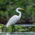 Elegant Great Egret Standing Among Water Lilies in Serene Wetland Habitat