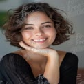 Joyful Young Woman with Curly Hair Smiling in Natural Light