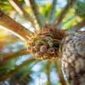 Close-Up of Pineapple Growing on Tropical Palm Tree with Sunlight