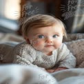 Adorables Baby mit blauen Augen im gemütlichen Strickpullover - Säuglingsporträtfotografie