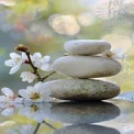 Serene Balance: Stacked Stones with Blossoms and Reflections for Wellness and Tranquility