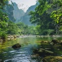 Tranquil River in Lush Green Valley: Serene Nature Landscape