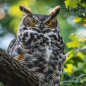 Majestic Great Horned Owl Perched on Tree Branch in Nature