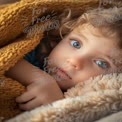 Cozy Child Portrait with Blue Eyes Wrapped in Soft Blanket