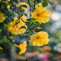 Vibrant Yellow Hibiscus Flowers with Dew Drops in Lush Garden