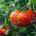 Fresh Ripe Tomato with Water Droplets on Vine - Organic Gardening and Healthy Eating Concept