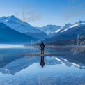 Serene Mountain Reflection: Tranquil Landscape with Solitary Figure by a Lake