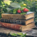 Vintage Books with Fresh Strawberries: Nature and Literature Concept