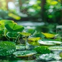 Serene Water Lily Pond with Lush Green Leaves and Dew Drops