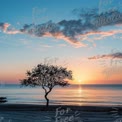 Serene Sunset Over Tranquil Beach with Silhouetted Tree