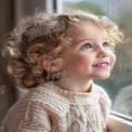 Joyful Child with Curly Hair Gazing Out Window in Cozy Sweater