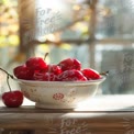 Fresh Red Cherries in Rustic Bowl with Sunlight Glow