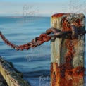 Rustic Coastal Chain and Weathered Post by the Sea