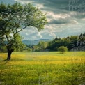 Ruhige Frühlingslandschaft mit üppigen grünen Feldern und dramatischem bewölkten Himmel