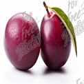 Fresh Juicy Plums with Water Droplets and Green Leaf on White Background