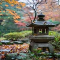 Tranquil Japanese Garden Lantern Surrounded by Autumn Foliage