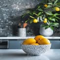 Fresh Lemons in Stylish Bowl with Modern Kitchen Background