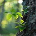 Fresh Green Leaves on Tree Bark with Soft Bokeh Background - Nature Close-Up