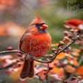 Vibrant Northern Cardinal Perched on Autumn Branch with Colorful Foliage