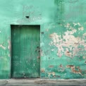 Vintage Green Door on Weathered Teal Wall - Rustic Charm and Texture