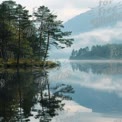 Tranquil Lake Reflection with Pine Trees and Misty Mountains