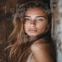 Natural Beauty Portrait with Freckles and Long Hair Against Rustic Wood Background