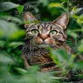 Curious Tabby Cat Among Lush Greenery - Nature and Wildlife Photography