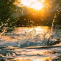 Golden Sunset Reflections: Water Splashing in Serene Lake