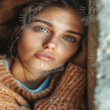 Natural Beauty Portrait with Freckles and Blue Eyes in Cozy Knitwear