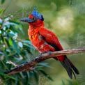 Vibrant Scarlet Bird with Blue Crest Perched on Branch in Natural Habitat