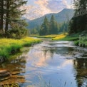 Tranquil Mountain Stream Reflecting Lush Greenery and Scenic Landscape