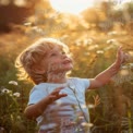 Joyful Child in Sunlit Meadow: Capturing Innocence and Nature's Beauty