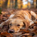 Golden Retriever Relaxing in Autumn Leaves - Peaceful Nature Scene