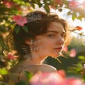 Serene Beauty: Young Woman Surrounded by Blossoming Flowers in Soft Natural Light