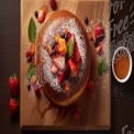 Delicious Gourmet Pancake Topped with Fresh Berries and Maple Syrup on Wooden Board