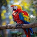 Vibrant Scarlet Macaw Perched on Branch with Bokeh Background