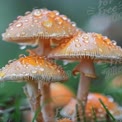 Vibrant Orange Mushrooms with Dew Drops in Lush Greenery