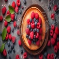 Delicious Raspberry and Blueberry Cheesecake with Fresh Berries on Dark Background