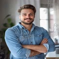 Confident Young Man in Casual Denim Shirt Smiling at Home