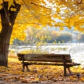 Tranquil Autumn Scene: Serene Park Bench Under Golden Maple Trees by the Lake