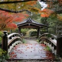 Tranquil Autumn Garden Pathway with Bridge and Colorful Foliage