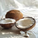 Fresh Coconut Halves with Water and Shredded Coconut on White Background