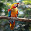 Vibrant Macaw Perched on Branch with Bokeh Background - Tropical Wildlife Photography