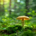 Enchanting Forest Mushroom with Dew Drops in Lush Greenery