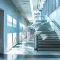 Modern Office Interior with Bright Natural Light and Sleek Staircase