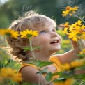 Joyful Child in Blooming Flower Field: Nature, Happiness, and Childhood Wonder