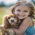 Joyful Child Embracing Adorable Dog in Sunny Outdoor Setting