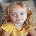 Charming Little Girl with Blue Eyes and Curly Hair in Bright Yellow Dress