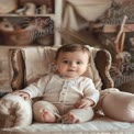 Adorable Baby Sitting in Cozy Vintage Chair - Soft Neutral Tones for Family and Parenting Themes