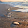 Tranquil Beach Scene with Pebbles and Gentle Waves at Sunset